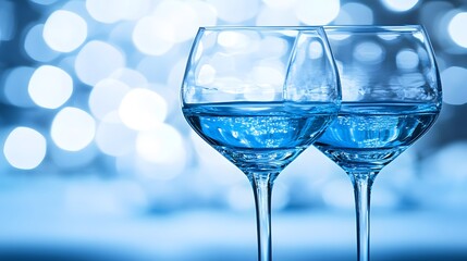 Two Elegant Wine Glasses Filled with Sparkling Blue Water Against a Bokeh Background