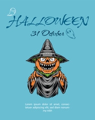 Halloween poster with pumpkin character and halloween greetings on a blue background © MD