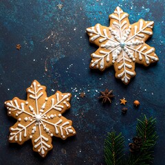 Festive gingerbread cookies on a dark blue background