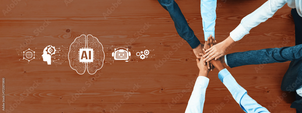 Poster a symbolic image illustrating teamwork and the integration of artificial intelligence, featuring div