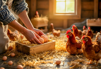 A farmer gently collects fresh eggs from a wooden nest box as golden sunlight fills the rustic barn with curious brown hens roaming the straw covered floor in a warm morning scene
