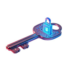 A metallic key, digitally illuminated with a glowing lock graphic, showcases innovation in security solutions.