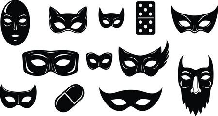 Collection of various black masks and a domino, perfect for costume parties and events.
