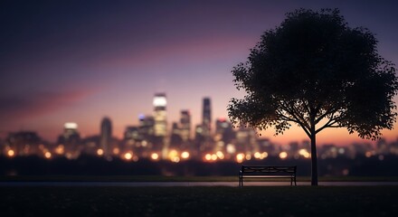 Tranquil City Park Evening Scene Silhouette of a Lone Tree and Bench with Distant Cityscape Lights