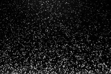Black and white abstract image resembling snowfall at night or a starry sky, with countless white...