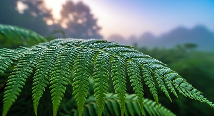 Dewdrops clinging to a lush green fern frond in misty morning sunlight