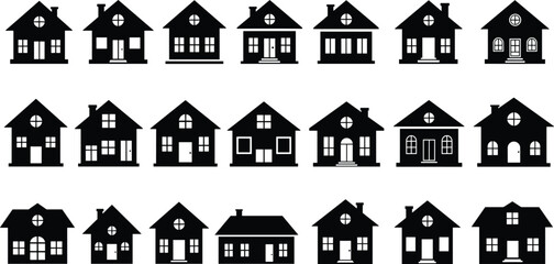 Black house silhouettes, residential home icons set, real estate vector collection, architecture design symbols, family housing clipart illustrations