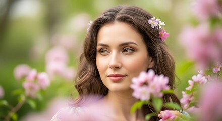 Fototapeta premium Woman with flowers in hair amidst pink blossoms