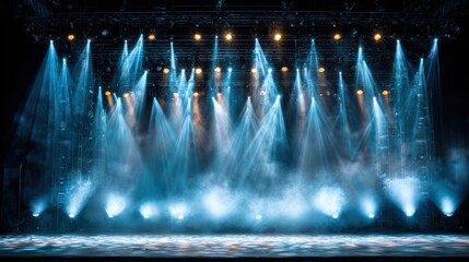 A dramatic stage performance setting is highlighted by powerful spotlights creating a captivating ambiance.