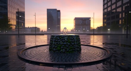Urban Oasis Tranquil Fountain at Golden Hour Amidst Modern Architecture and Wet Pavement