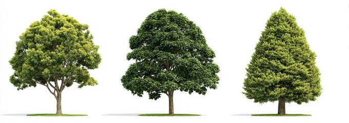 Fototapeta premium Three different types of trees, light green, medium green, and yellowish green foliage, isolated on white