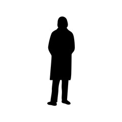 Full body silhouette of a person wearing a long coat and pants