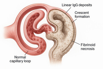 Anatomical illustration depicting a nephron's glomerulus showing normal capillary loops and signs of disease such as crescent formation, linear IgG deposits, and fibrinoid necrosis.