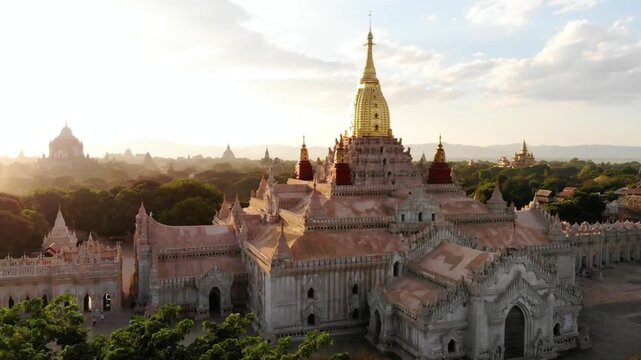 Golden light illuminates the ananda temple in bagan, myanmar at sunset