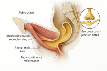 Anatomical Illustration of the Pelvic Floor Muscles, Rectum, and Neuromuscular Junction, Detailing Fecal Continence Maintenance