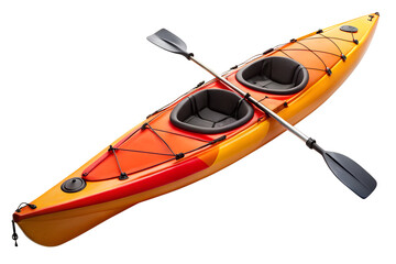 A vibrant orange and yellow tandem kayak with paddles, isolated on transparent background, ready for a water adventure with a friend or partner