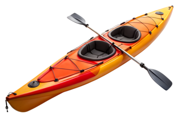 A vibrant orange and yellow tandem kayak with paddles, isolated on transparent background, ready for a water adventure with a friend or partner