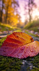 Autumn Season Closeup Leaf with Water Droplets Reflecting Golden Light