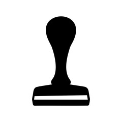 A black silhouette of a traditional office rubber stamp on white