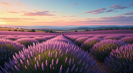 Serene Lavender Fields Under a Beautiful Sunset Sky