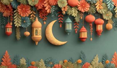 Islamic decoration background with ketupat, crescent, lantern cartoon style, ramadan kareem, eid al fitr, copy space text area, 3D illustration.