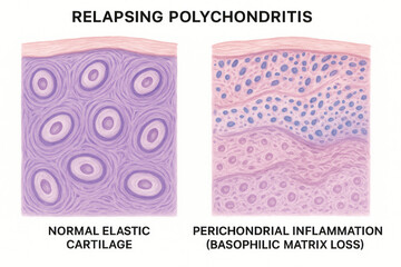 Illustration comparing normal elastic cartilage to perichondrial inflammation in relapsing polychondritis.
