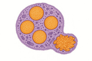 Stylized illustration of a cell with multiple internal structures, including four large circular granules and a cluster of smaller granules. The cell membrane is depicted in purple with intricate deta
