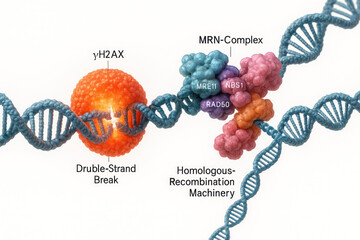 Molecular illustration of DNA double-strand break and homologous recombination repair machinery, including gammaH2AX and MRN complex with MRE11, RAD50, and NBS1 proteins.