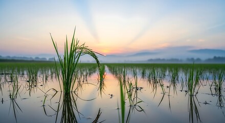 Sunrise Over a Lush Green Rice Paddy Field
