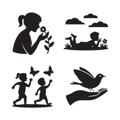 Collection of four black silhouette illustrations depicting children enjoying nature and peaceful moments outdoors