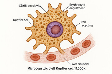 Illustration of a Kupffer cell in the liver sinusoid, showing erythrocyte engulfment and iron recycling.