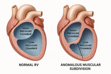 Medical illustration comparing a normal right ventricle with an anomalous muscular subdivision, highlighting pressure chambers.