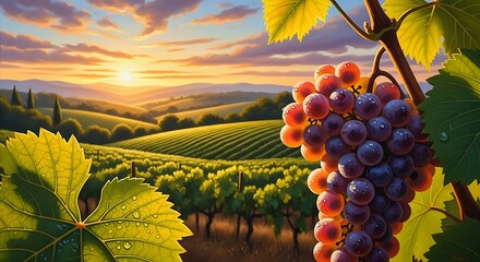 Golden Sunset Over Lush Vineyards with Ripe Grapes