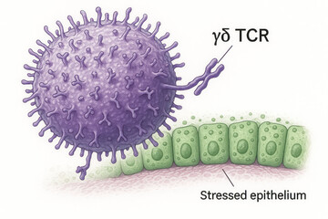 Illustration of a gamma delta T cell interacting with a stressed epithelial cell