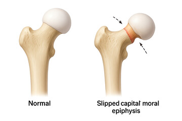 Medical illustration comparing a normal hip joint to one with slipped capital femoral epiphysis, indicating displacement.