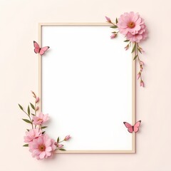 Floral picture frame with pink flowers and butterflies on light background  