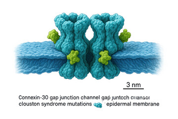 Microscopic view of Connexin-30 gap junction channel mutations within the epidermal membrane, showing protein structures and scale bar.