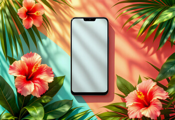 Smartphone mockup centered with blank white screen surrounded by lush tropical palm leaves and vibrant pink hibiscus flowers on a split pastel coral and teal background with soft shadows
