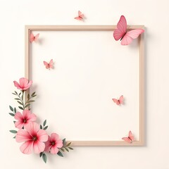 Obraz premium Floral frame with pink flowers and butterflies on a light background 