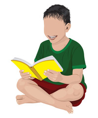 A boy wearing a green shirt is sitting and reading a book. vector design