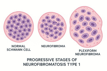 Illustration showing progressive stages of Neurofibromatosis Type 1, from normal Schwann cells to neurofibroma and plexiform neurofibroma.
