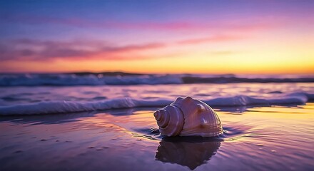 Seashell on the Beach During a Beautiful Sunset Ocean Waves Washing Ashore