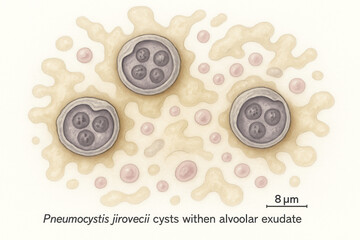 Microscopic illustration of Pneumocystis jirovecii cysts within alveolar exudate, depicting the fungal organism and surrounding biological material.