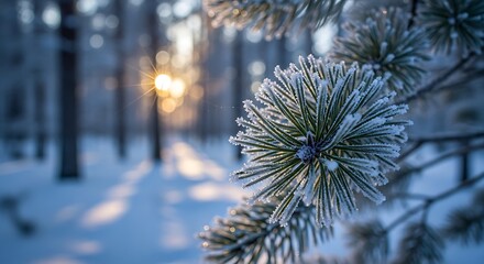 Winter Forest Scene With Frosted Pine Branch And Sunlight Through Trees