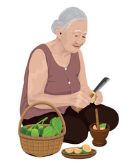 An old woman from the countryside is sitting and pounding betel nut.vector design