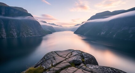 Majestic Fjord Landscape Under Soft Morning Light With Mist Rolling In