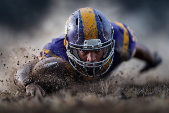 A football player is sliding on the ground, wearing a helmet and a purple jersey