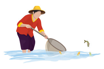 A rural woman is using a net to catch fish in a pond.vector design
