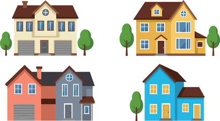 cartoon house illustrations, colorful residential buildings, architectural vector set, suburban home design, stock image, cozy exterior, art