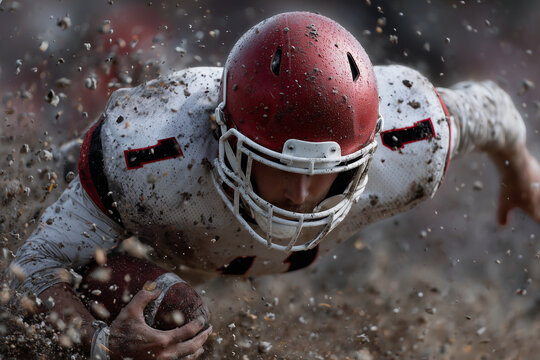 A football player is running with a ball in his hand